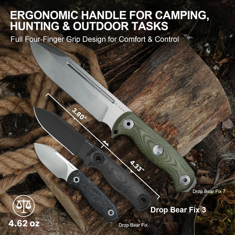 KIZER Drop Bear Fix 3 Fixed Blade Knife, 3.8" 1095 Blade EDC Camping Knife with Black Micarta Handle, Small Hunting Knives with Sheath, Outdoor Survival Knives with Pocket Clip and Lanyard, 1101A3 - Image 2